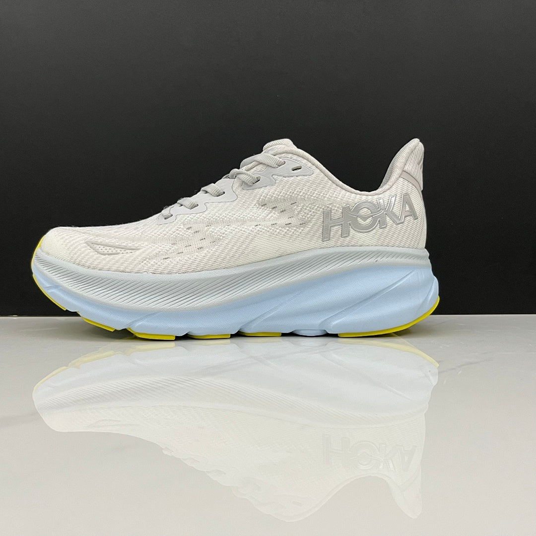 Gray and Blue HOKA Clifton 9 Running Shoes - product image from the listing.