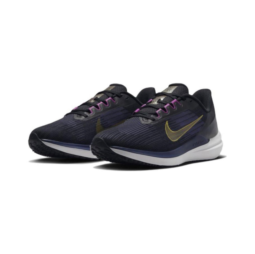 Nike Air Winflo 9 Running Shoes in Black Blue Gold DD6203-007 - product image from the listing.