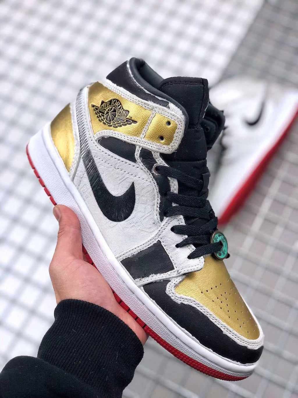 Air Jordan 1 Mid Edison Chen White Black Gold Sneakers - product image from the listing.