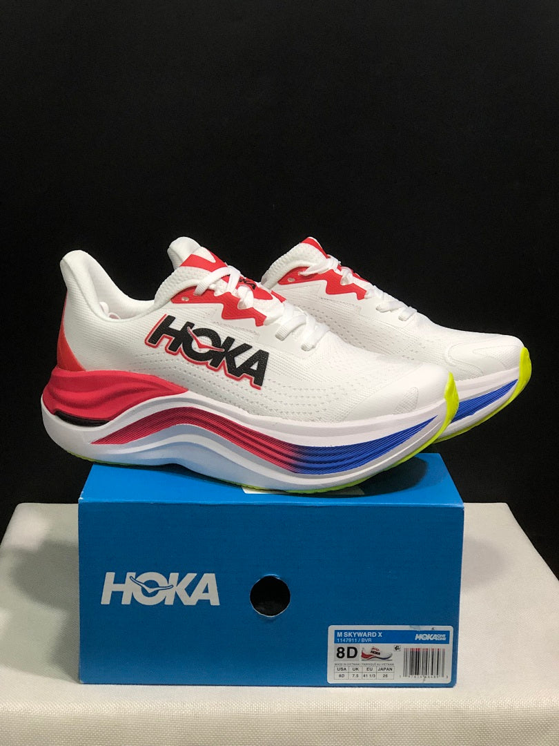 HOKA Skyward X Running Shoes, in White Red Blue - product image from the listing.