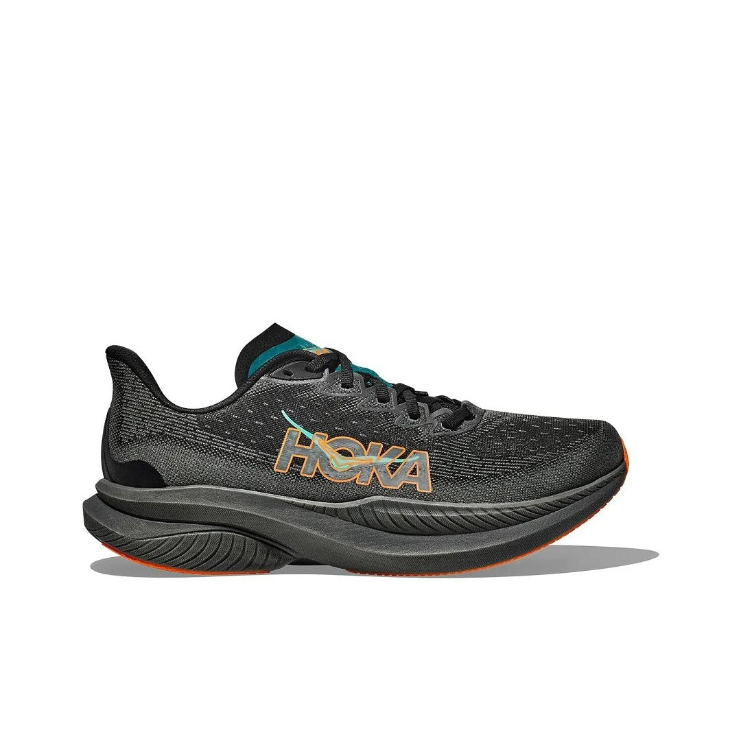 HOKA Mach 6 Running Shoes, Black with in Teal and Orange - product image from the listing.