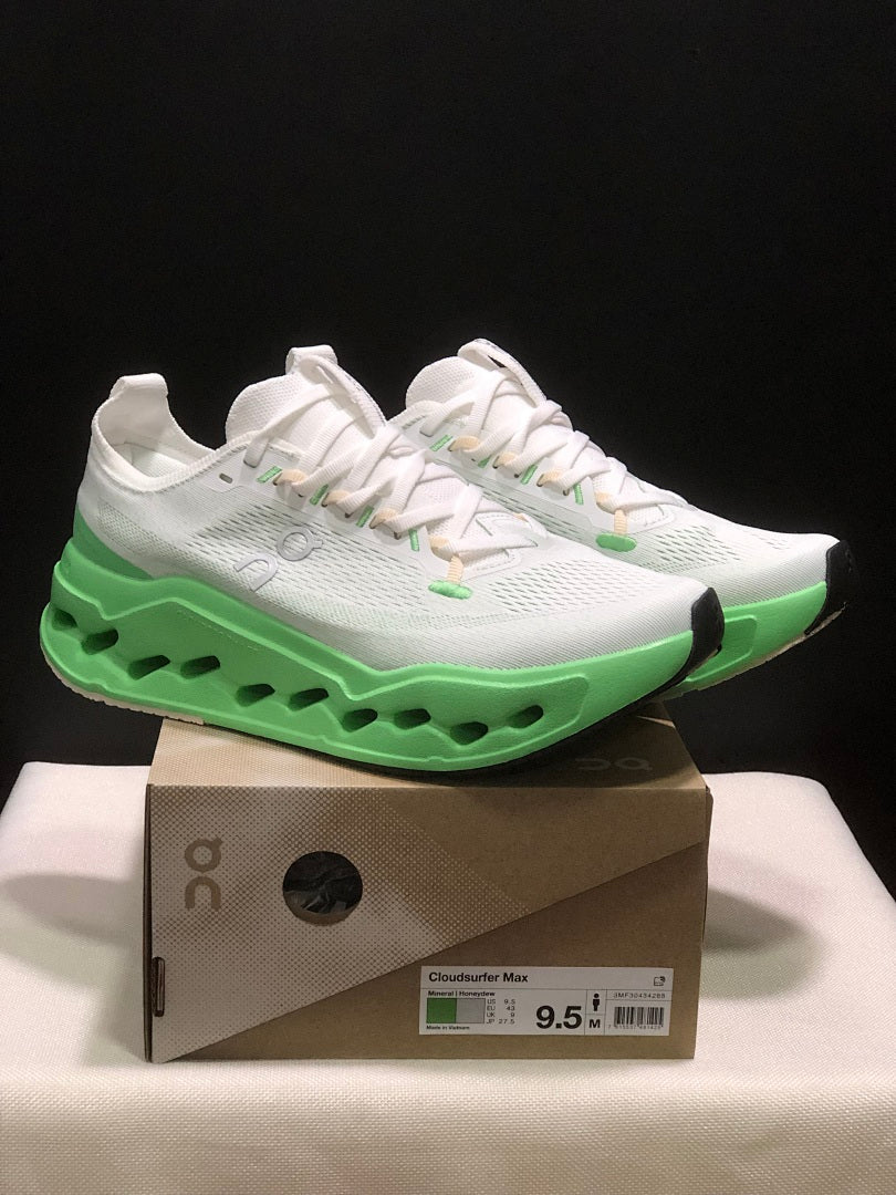 On Cloudsurfer Max Running Shoes in White Green - product image from the listing.