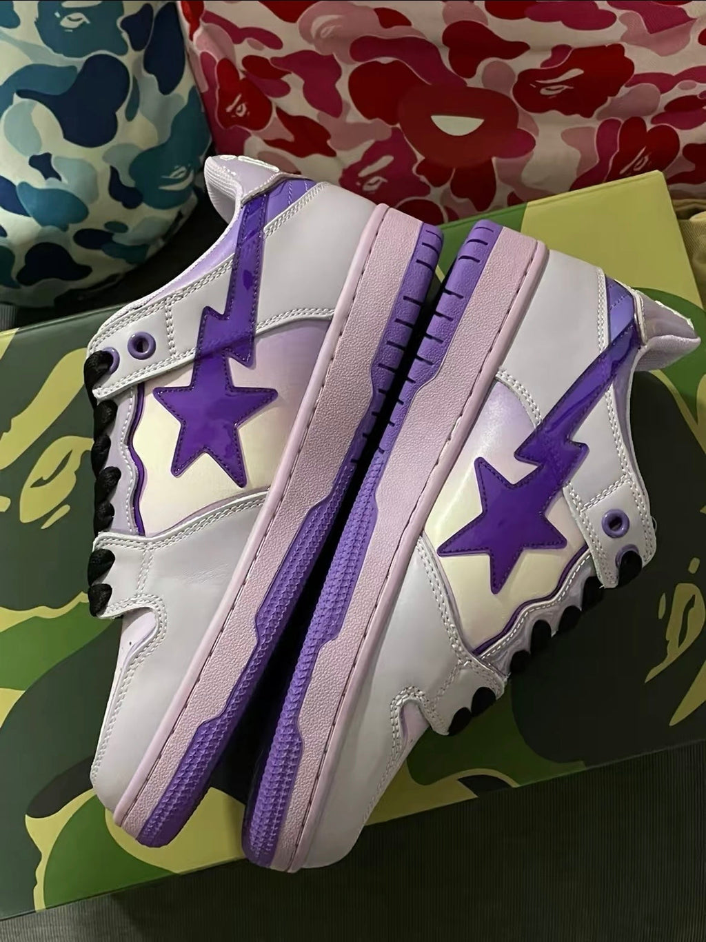 White and Purple BAPE SK8 Sta Sneakers - product image from the listing.