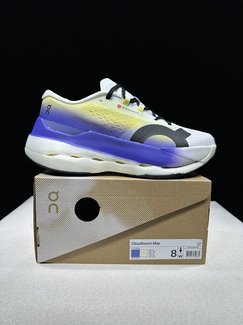 On Cloudboom Max Running Shoes, in White Yellow Purple - product image from the listing.