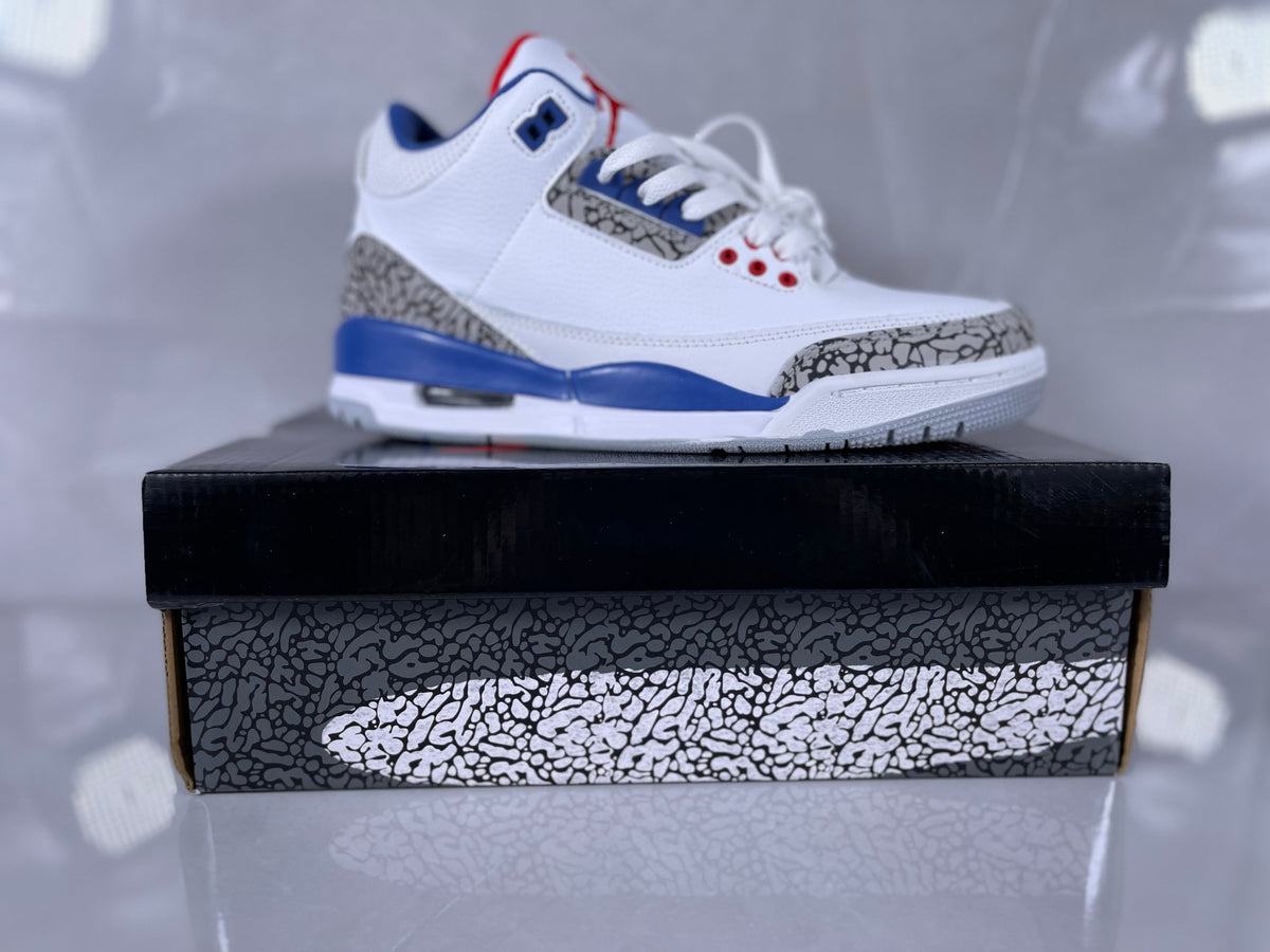 White Blue Elephant Print Sneakers - Nike Air Jordan 3 - product image from the listing.