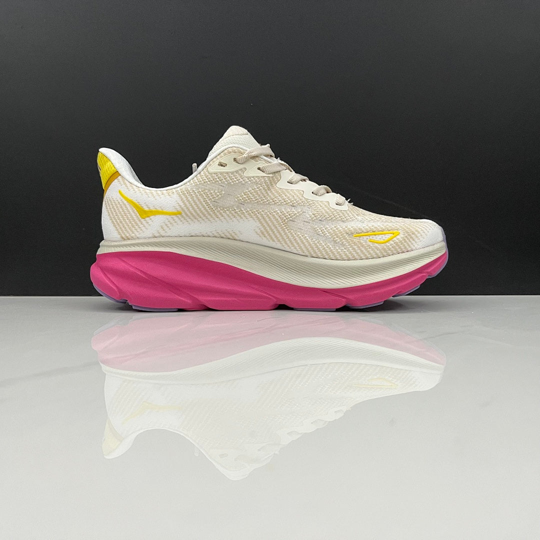 Ivory and Pink HOKA Clifton 9 Running Shoes - product image from the listing.
