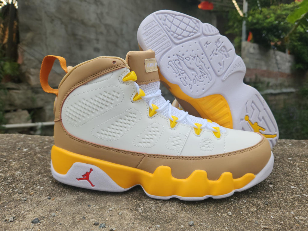 White/University Gold ("White Gold") - Air Jordan 9 Retro - product image from the listing.