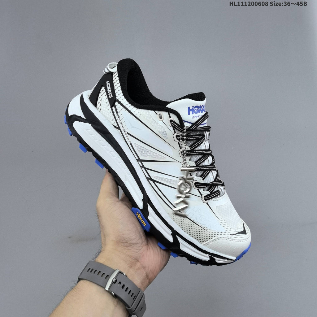 HOKA Mafate Speed 2 Low Trail Running Shoes, in White Black Blue - product image from the listing.