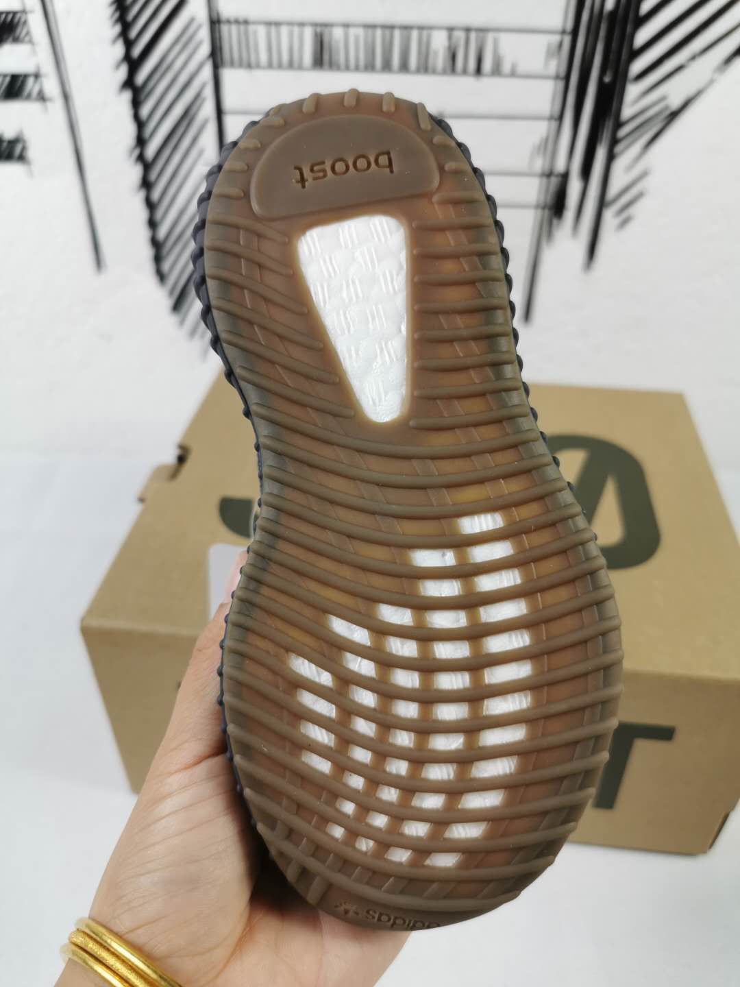 Black and Gum Yeezy 350 V2 Kids Sneakers - product image from the listing.