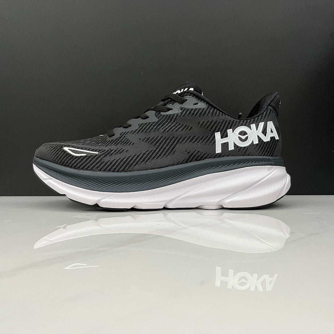 HOKA Clifton 9 Running Shoes in Black and White - product image from the listing.