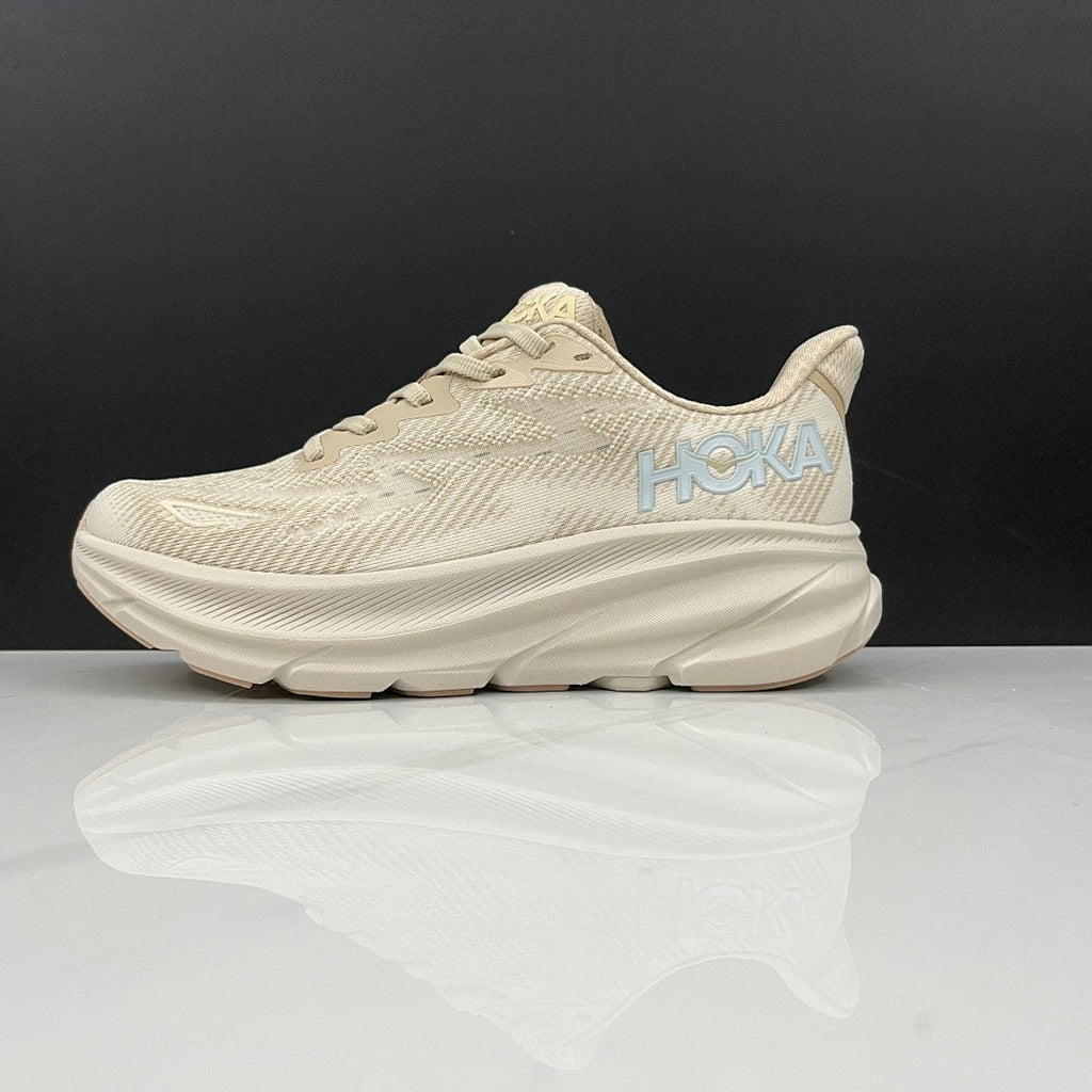 Beige and Tan HOKA Clifton 9 Running Shoes - product image from the listing.