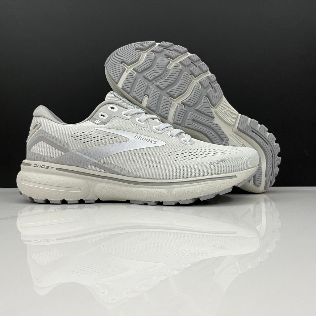 White and Grey Brooks Ghost 15 Running Shoes - product image from the listing.