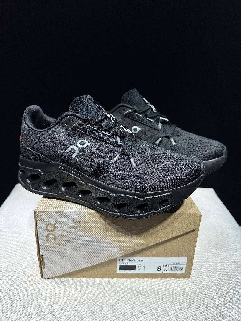 On Cloudeclipse Running Shoes, All in Black - product image from the listing.