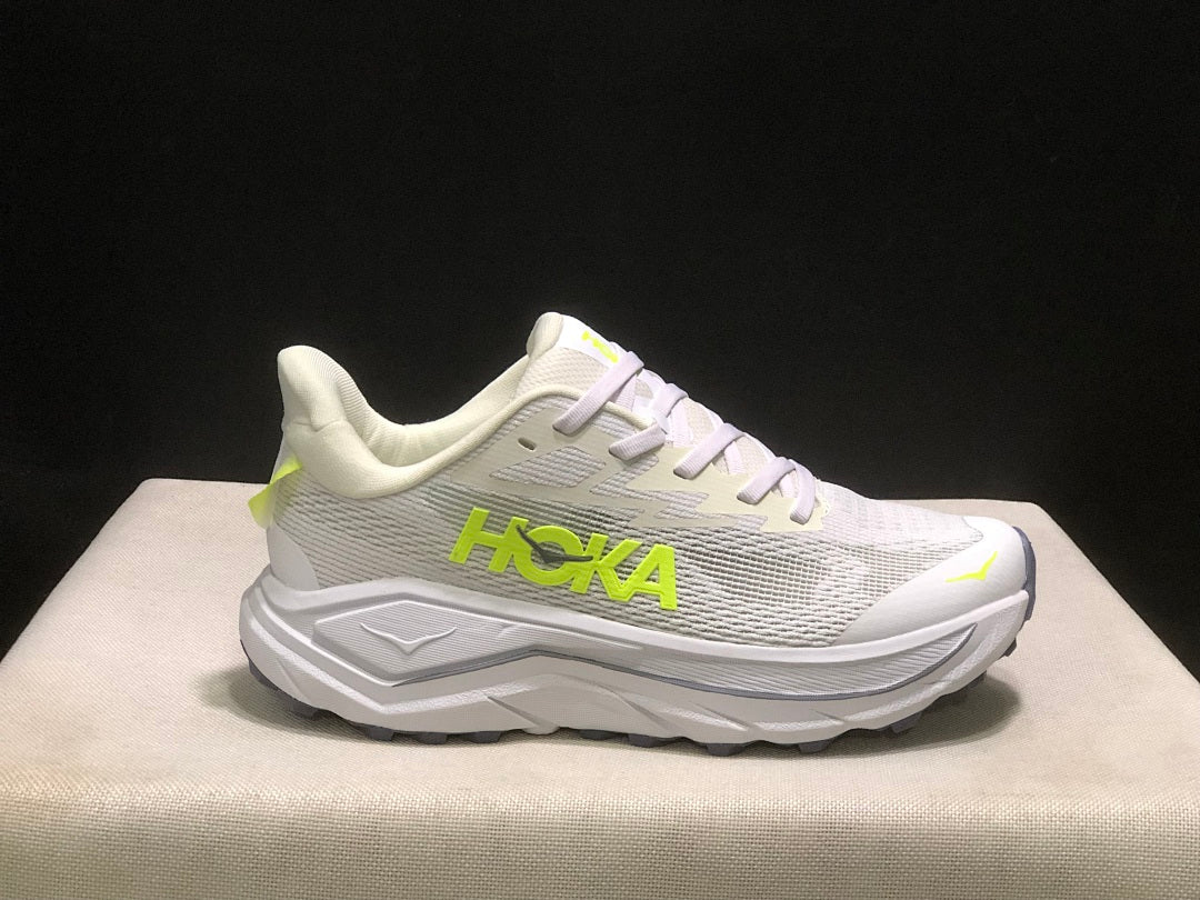 HOKA Challenger 8 Trail Running Shoes, in White and Lime - product image from the listing.