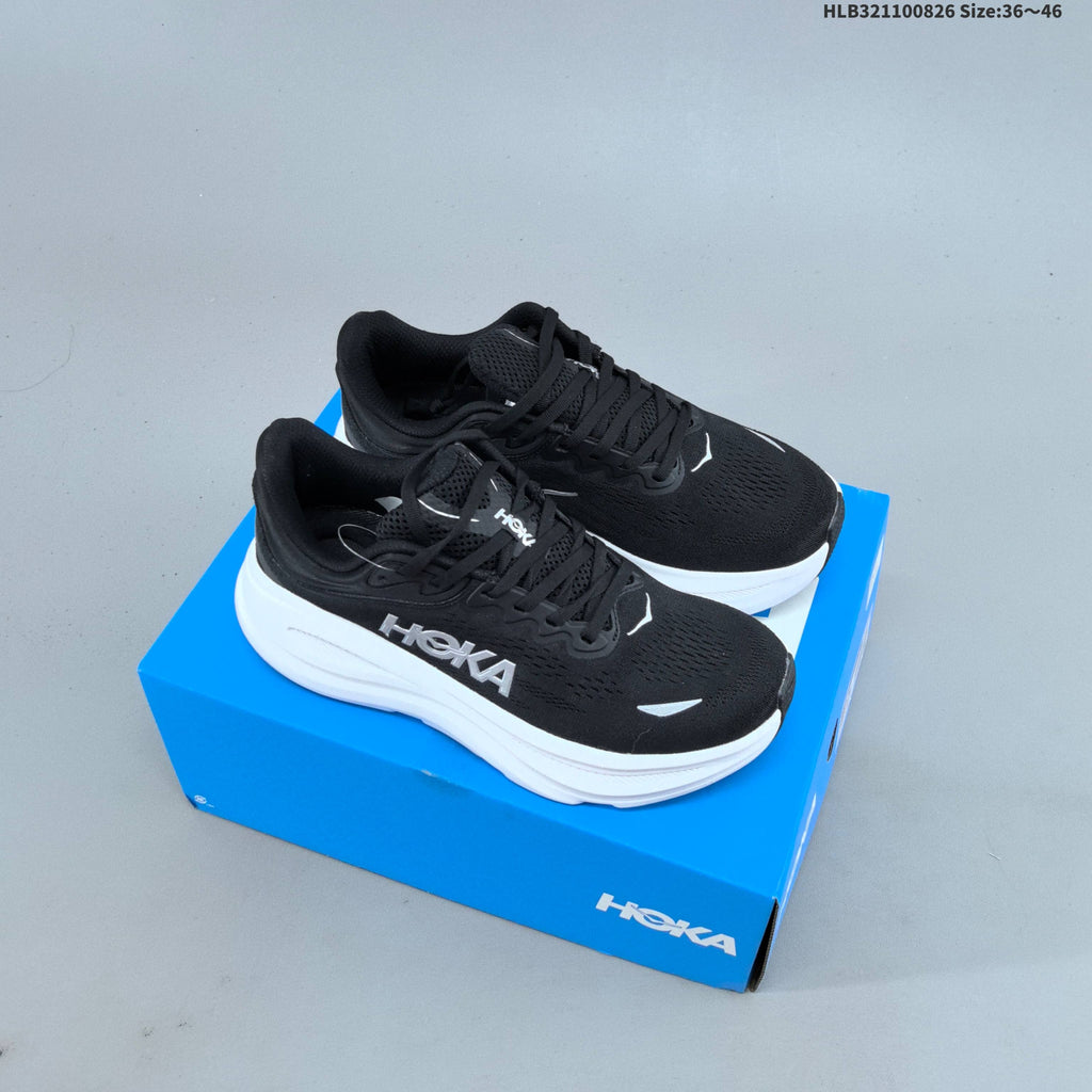 HOKA Bondi 9 Running Shoes in Black and White - product image from the listing.