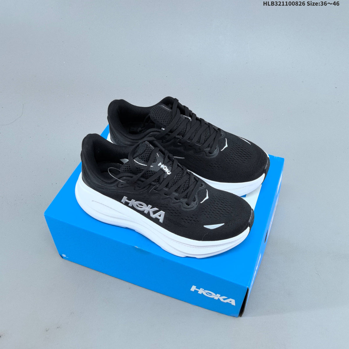 HOKA Bondi 9 Running Shoes in Black and White - product image from the listing.