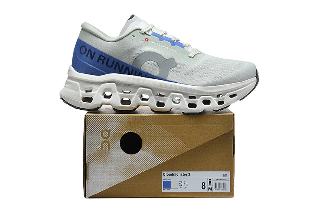 White and Blue On Cloudmonster 3 Running Shoes - product image from the listing.
