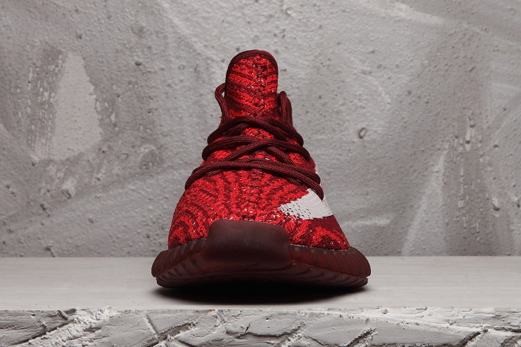 Yeezy 350 V2 Burgundy Zebra Sneakers in Knit - product image from the listing.
