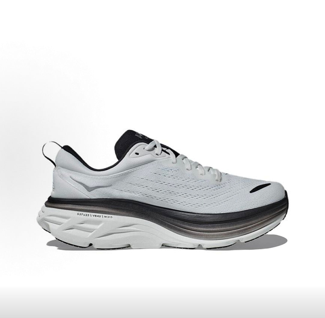 HOKA Bondi 8 Running Shoes in White and Black - product image from the listing.