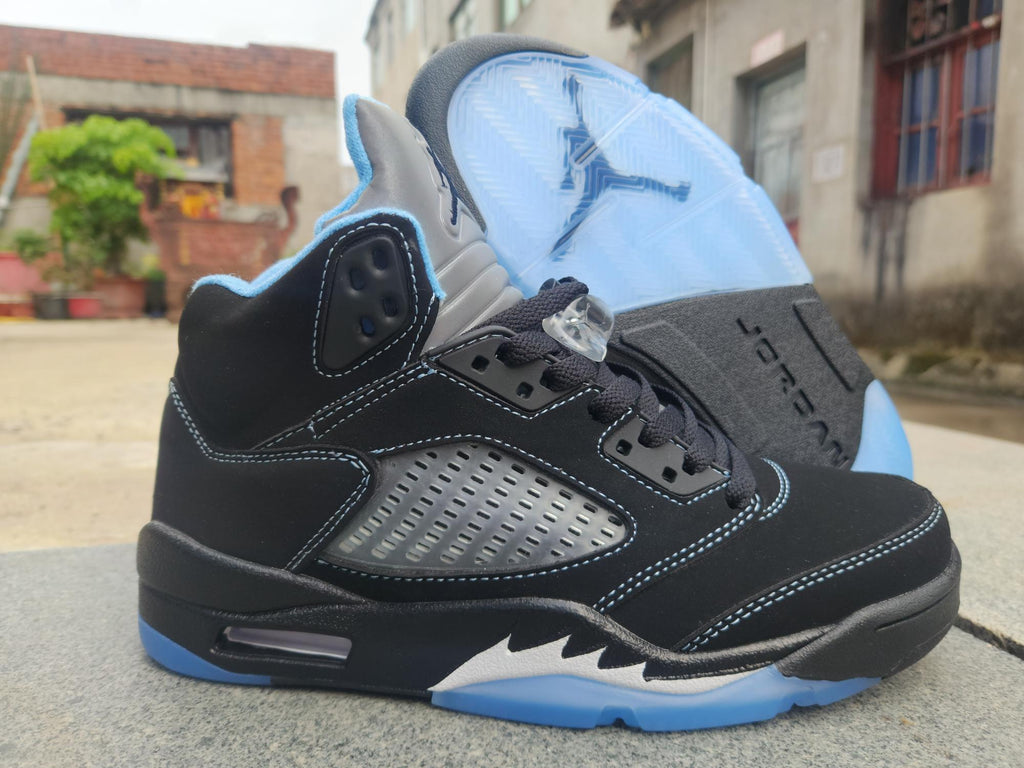 Air Jordan 5 in Black/University Blue - product image from the listing.