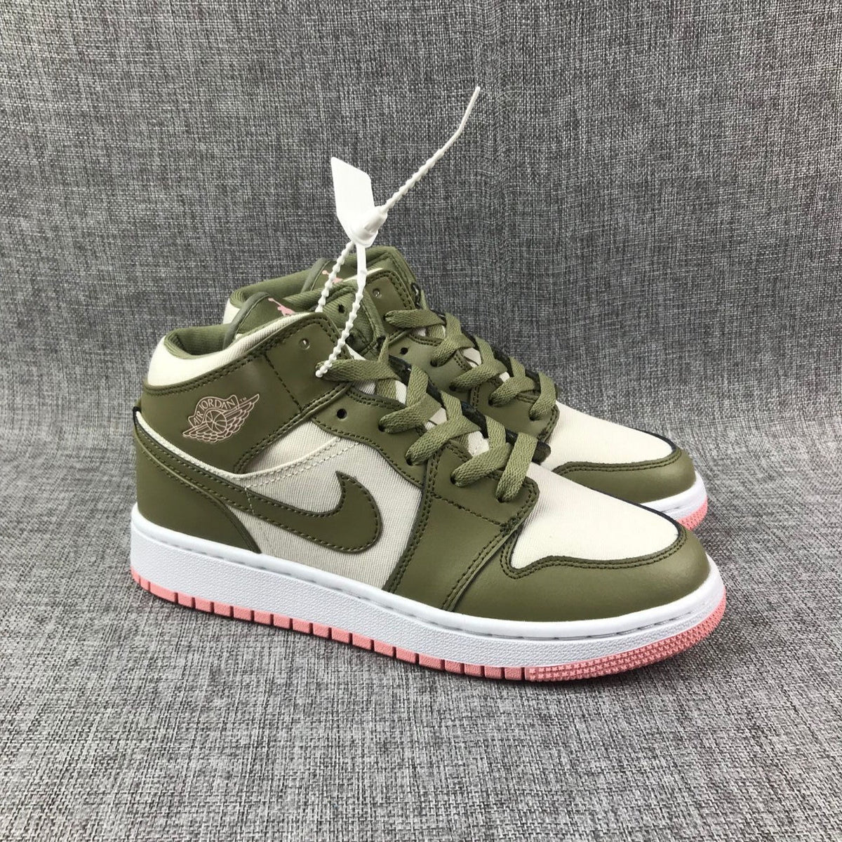 Air Jordan 1 High Sneakers in Olive Green White Pink - product image from the listing.