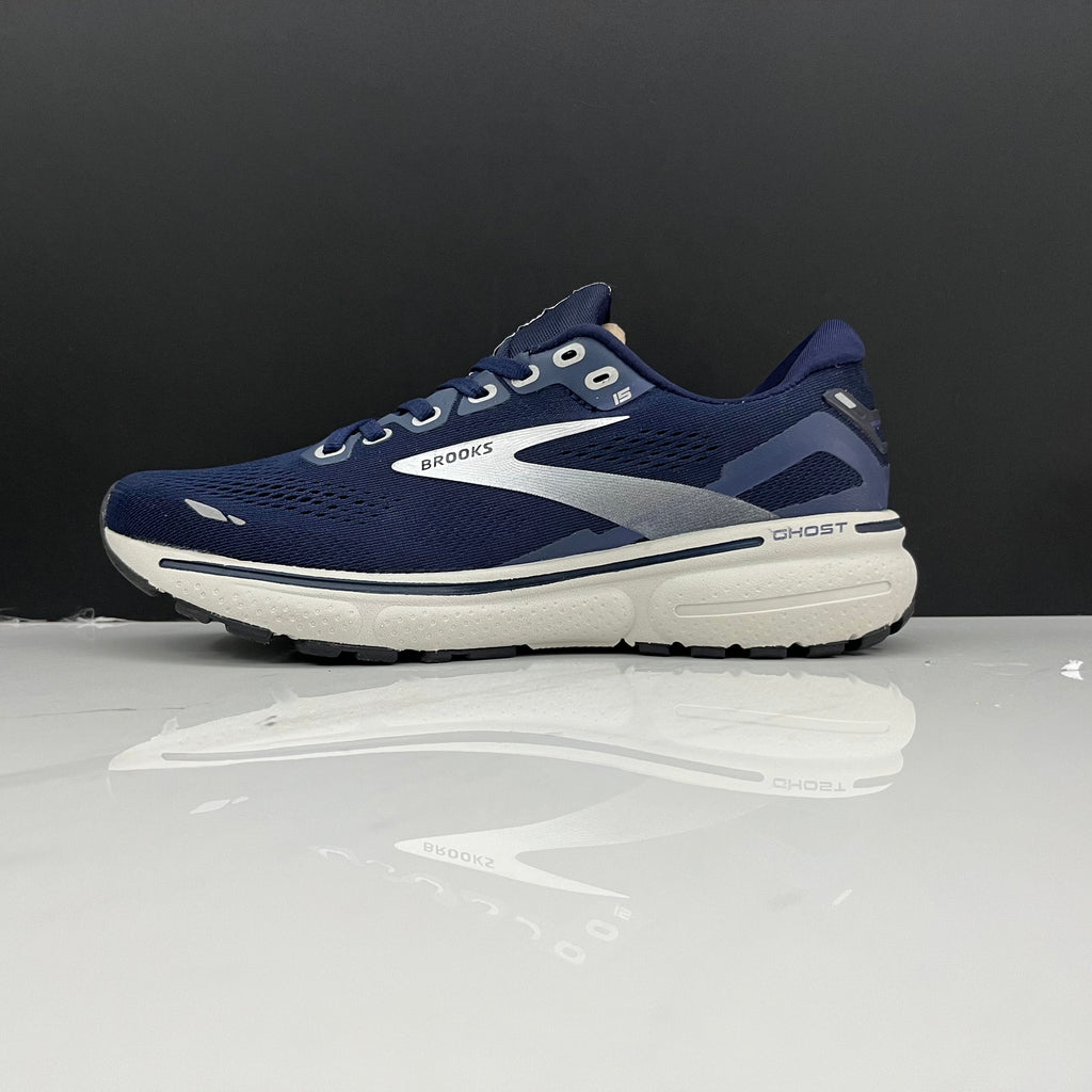 Navy and White Brooks Ghost 15 Running Shoes - product image from the listing.