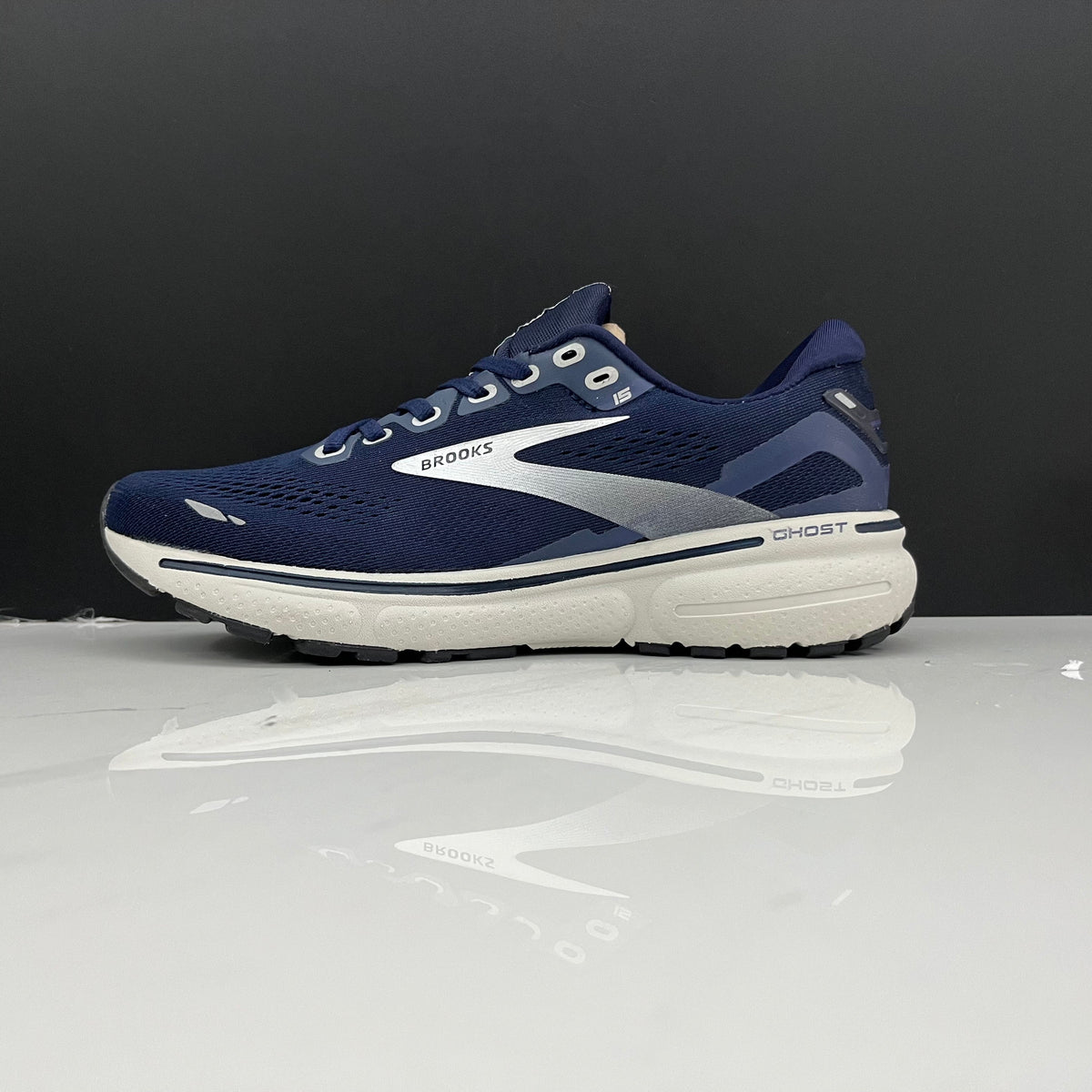 Navy and White Brooks Ghost 15 Running Shoes - product image from the listing.