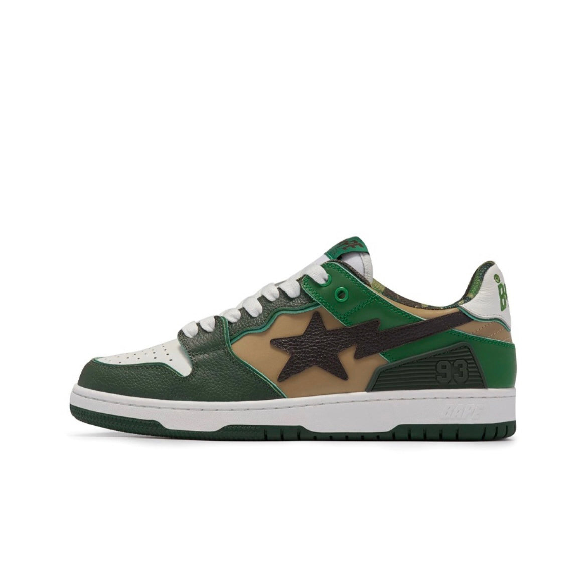 BAPE SK8 STA Low-Cut Sneakers in Green Camo - product image from the listing.