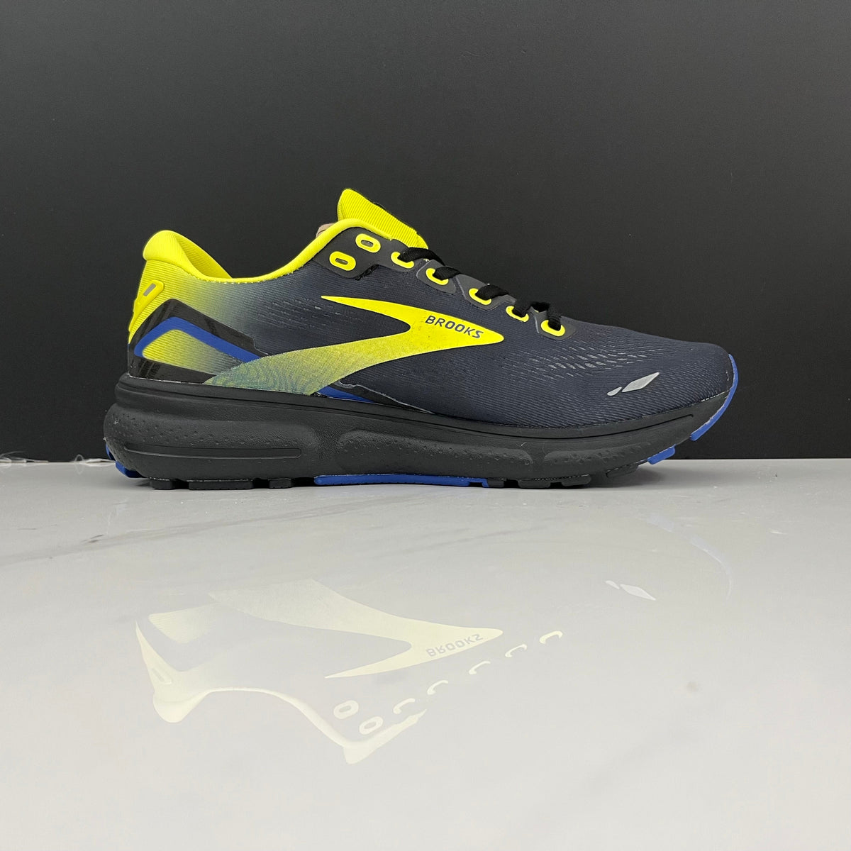 Brooks Ghost 15 Running Shoes, in Charcoal Yellow Blue - product image from the listing.