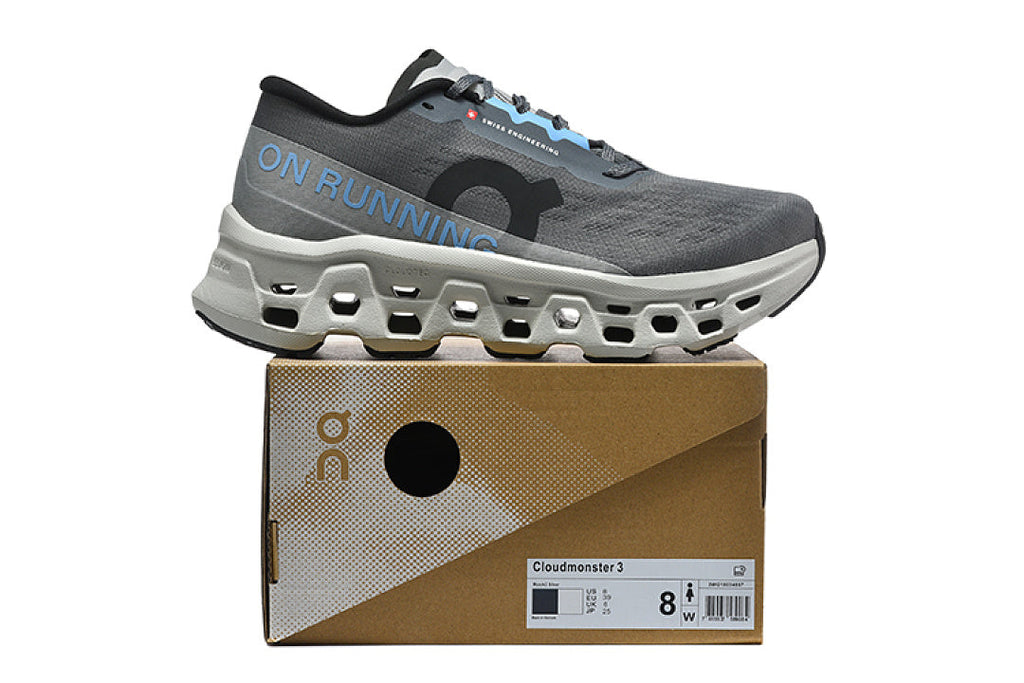 On Cloudmonster 3 Running Shoes, in Gray Black Blue - product image from the listing.