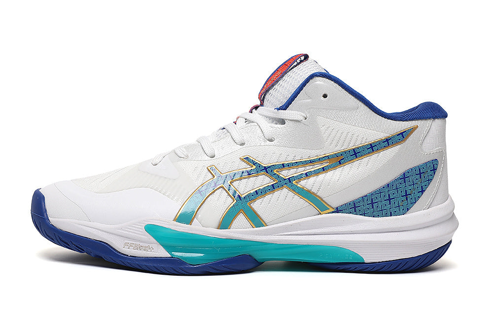 ASICS White and Blue Indoor Court Trainers - product image from the listing.
