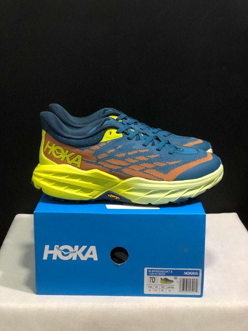 HOKA Speedgoat 6 Trail Running Shoes in Blue Yellow - product image from the listing.