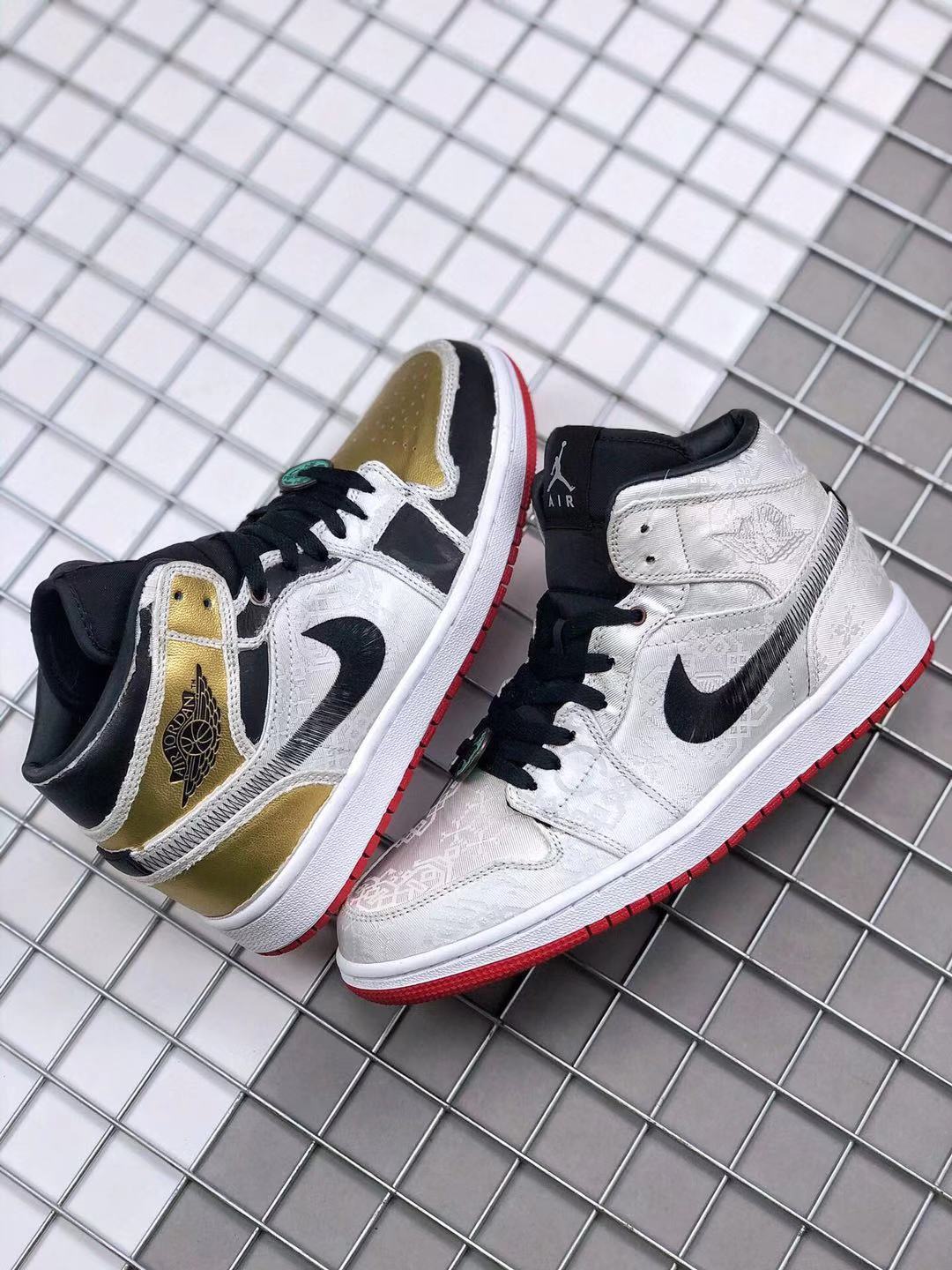 Air Jordan 1 Mid Edison Chen White Black Gold Sneakers - product image from the listing.