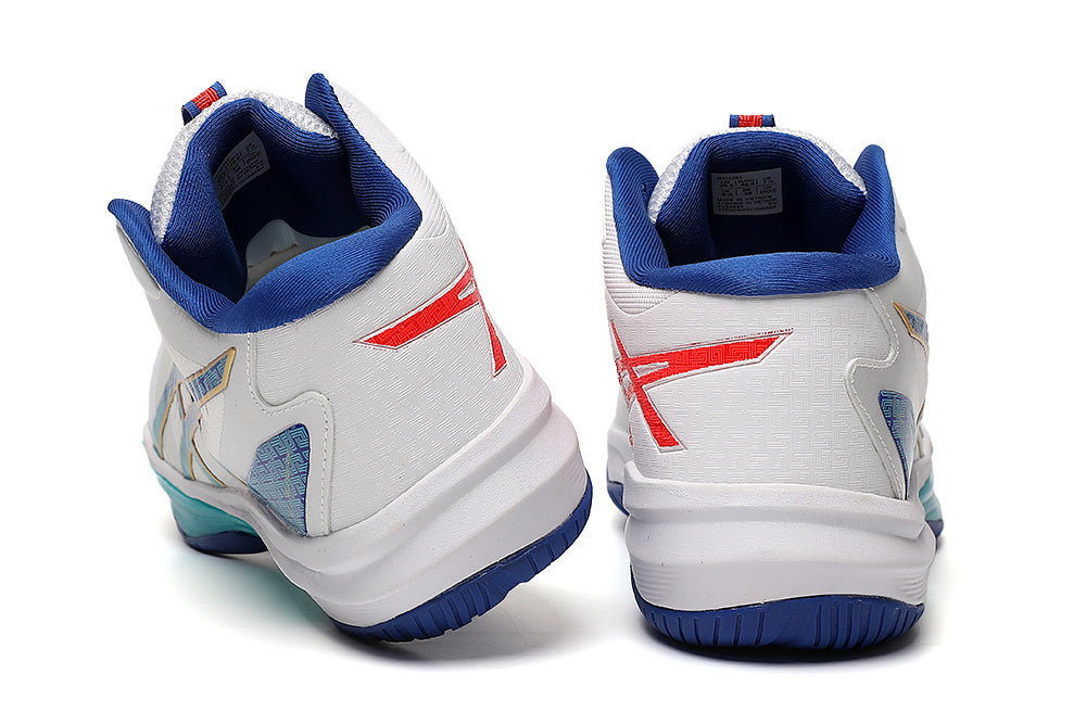 ASICS White and Blue Indoor Court Trainers - product image from the listing.