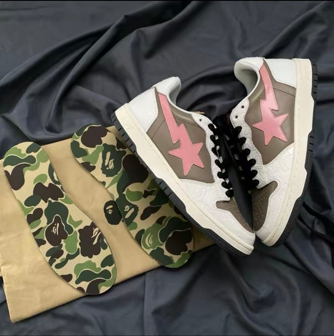 BAPE Sk8 Sta Low-Top Sneakers in White, in Taupe and Pink - product image from the listing.
