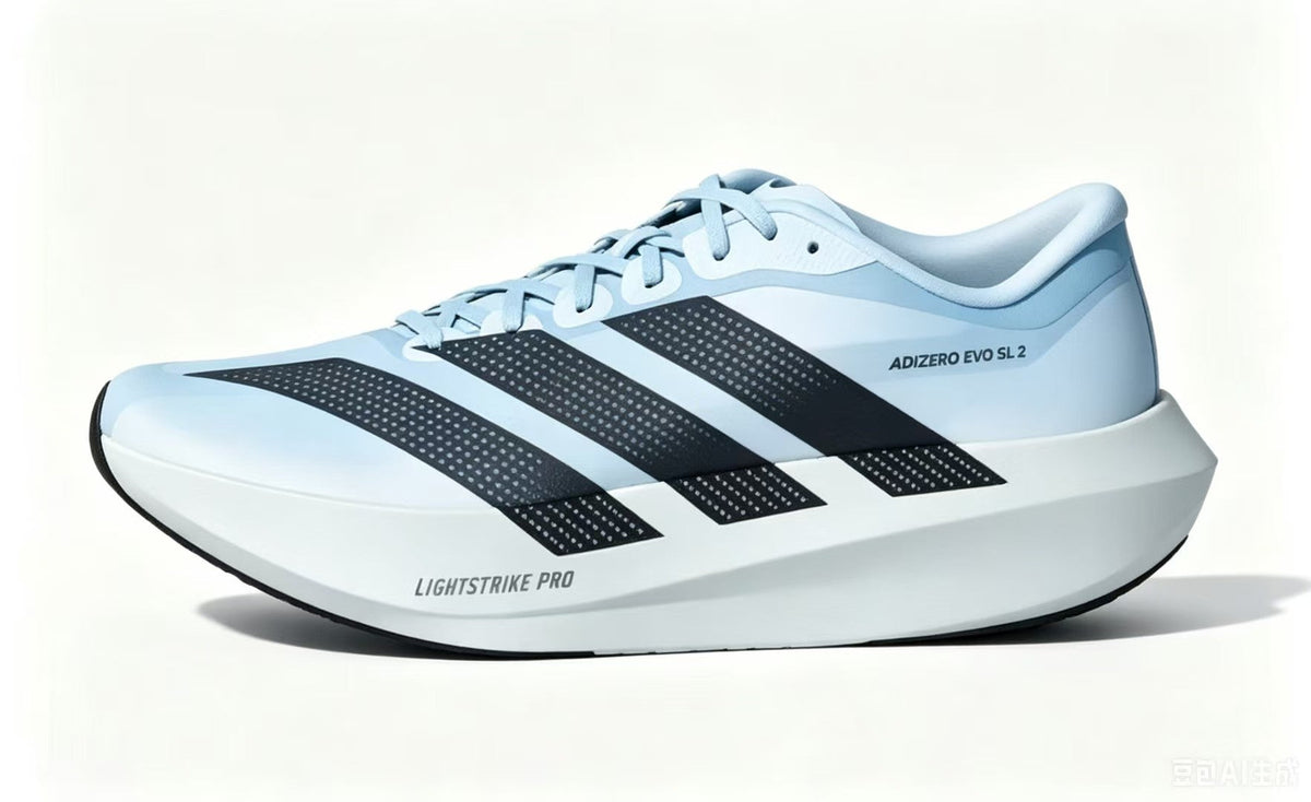 Adizero Evo SL 2 Running Shoes in Light Blue and Black - product image from the listing.