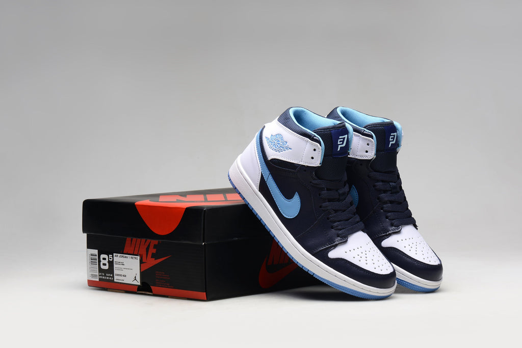 Blue and White Jordan 1 High Paul Edition Navy Sneakers - product image from the listing.