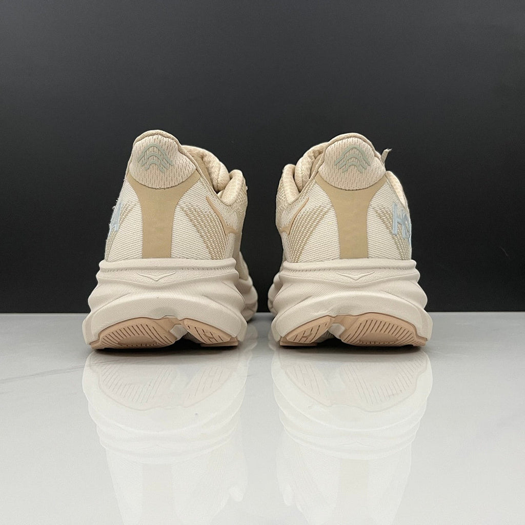 Beige and Tan HOKA Clifton 9 Running Shoes - product image from the listing.