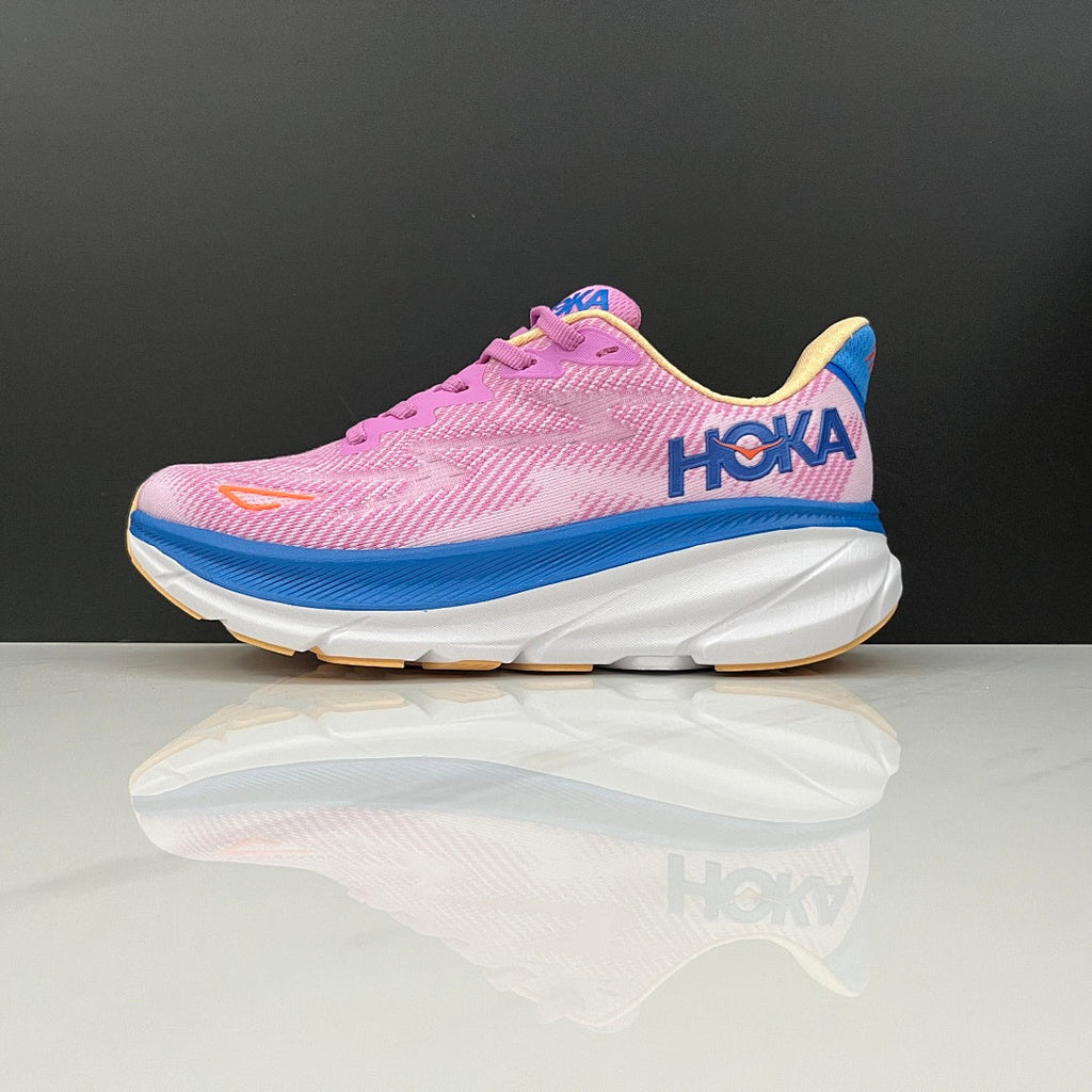 HOKA Clifton 9 Running Shoes, in Pink and Blue - product image from the listing.