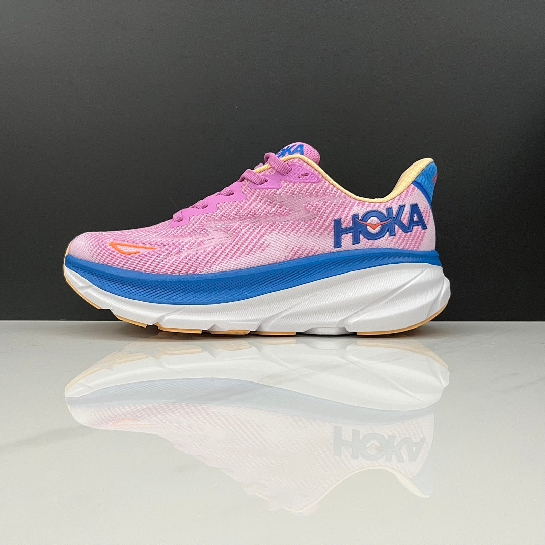 HOKA Clifton 9 Running Shoes, in Pink and Blue - product image from the listing.