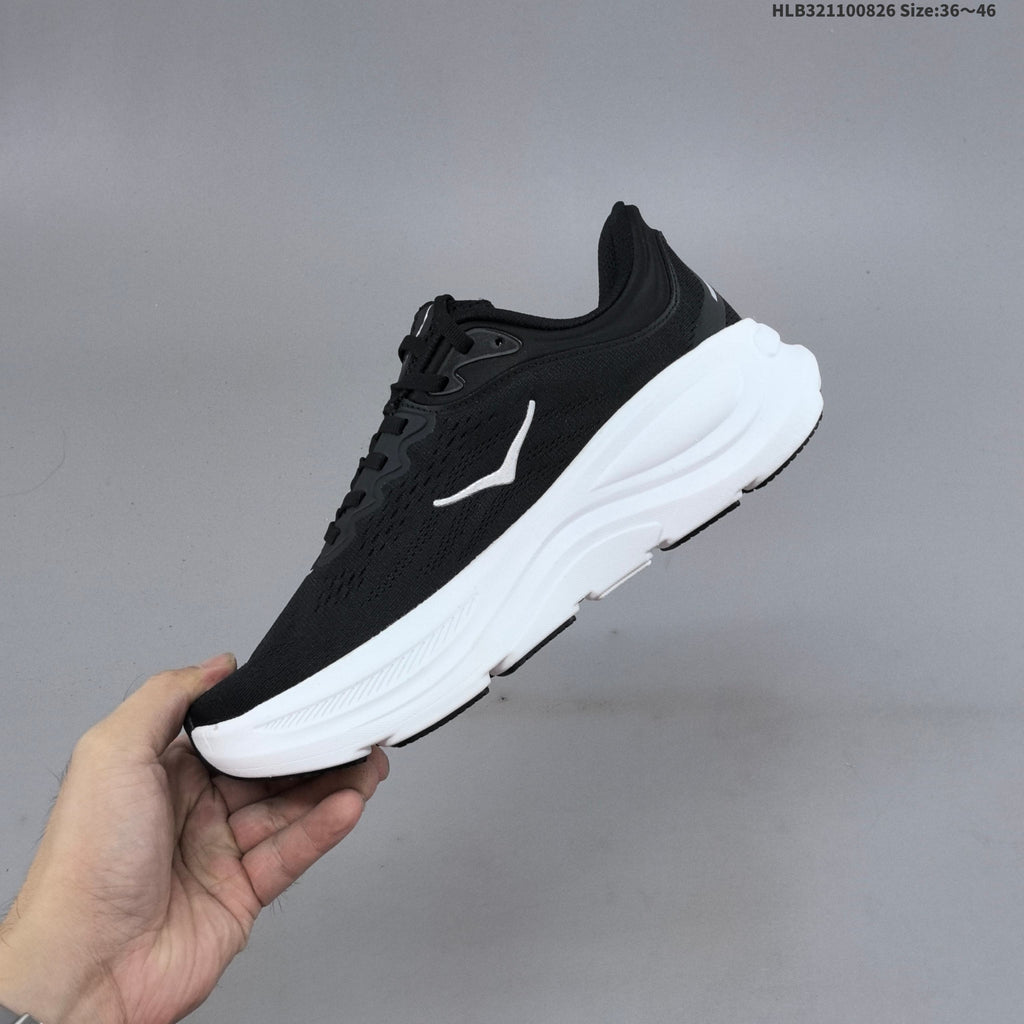 HOKA Bondi 9 Running Shoes in Black and White - product image from the listing.