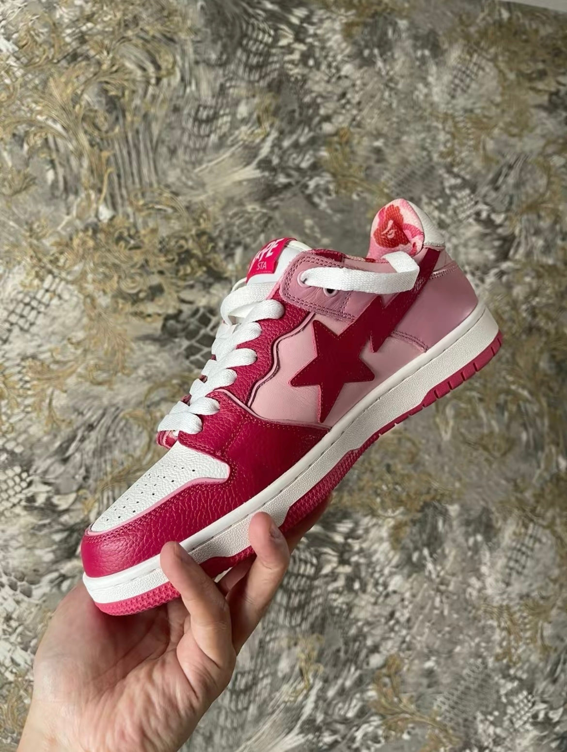 Pink and Burgundy BAPE SK8 STA Sneakers - product image from the listing.