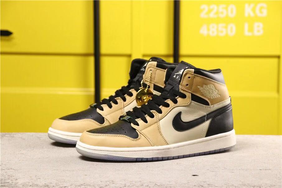 Air Jordan 1 High Premium Black Fossil Sneakers in Pale Ivory - product image from the listing.