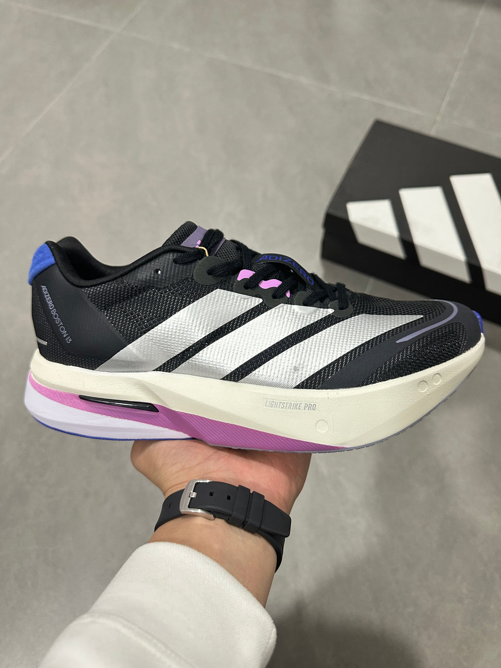 adidas Adizero Boston 13 Running Shoes in Black White Purple - product image from the listing.