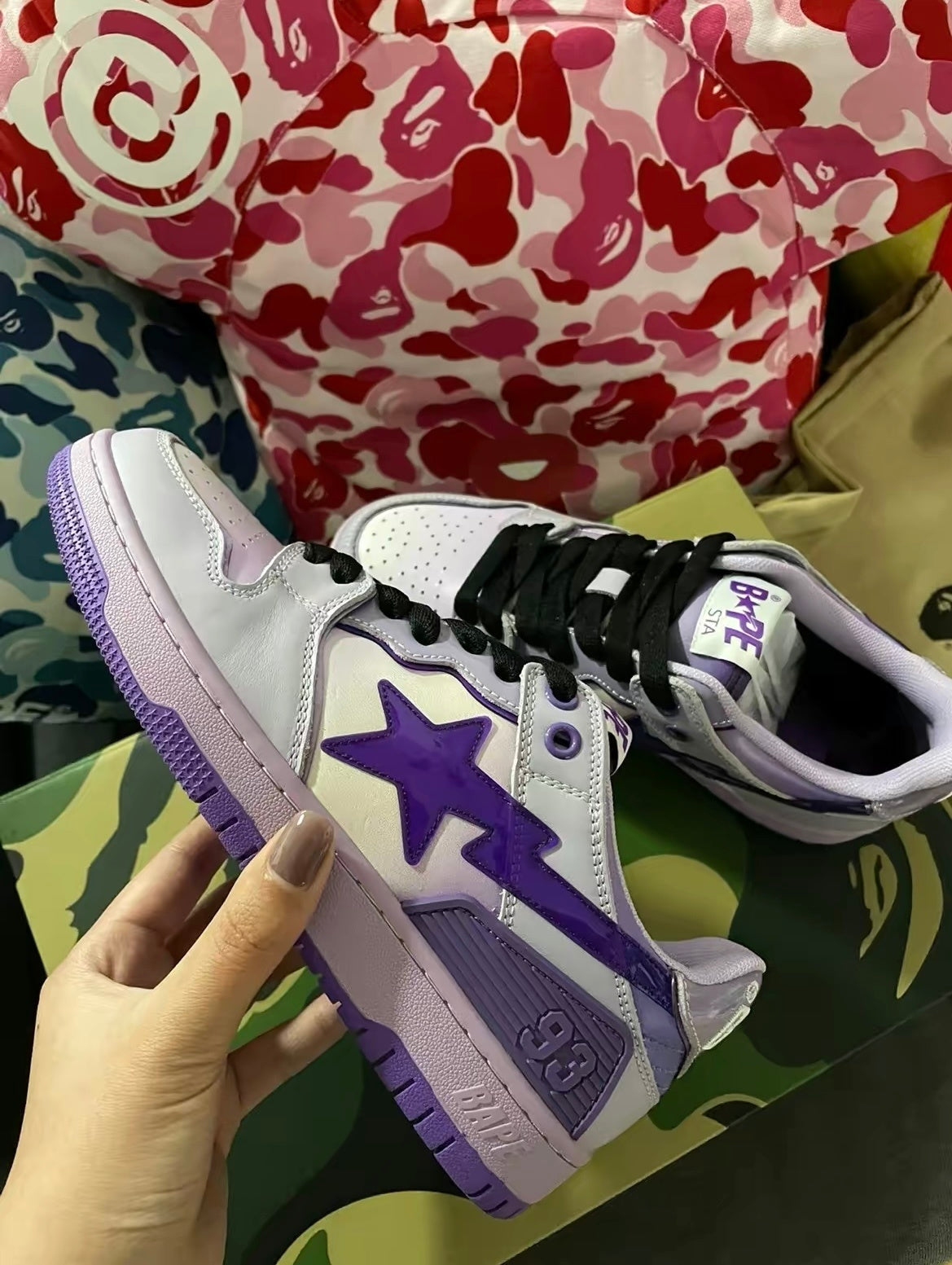 White and Purple BAPE SK8 Sta Sneakers - product image from the listing.
