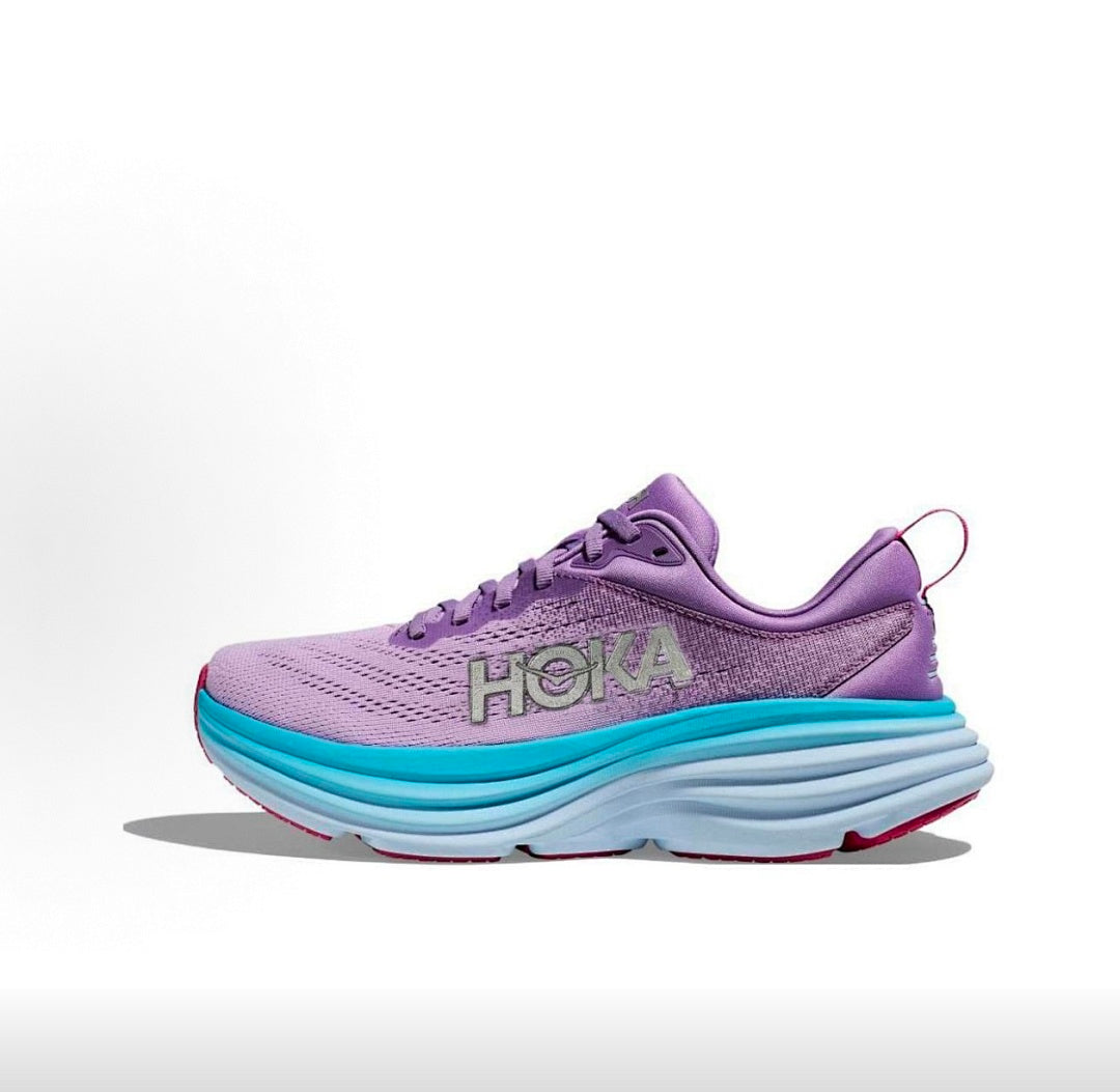 Purple and Blue HOKA Bondi 8 Running Sneakers - product image from the listing.
