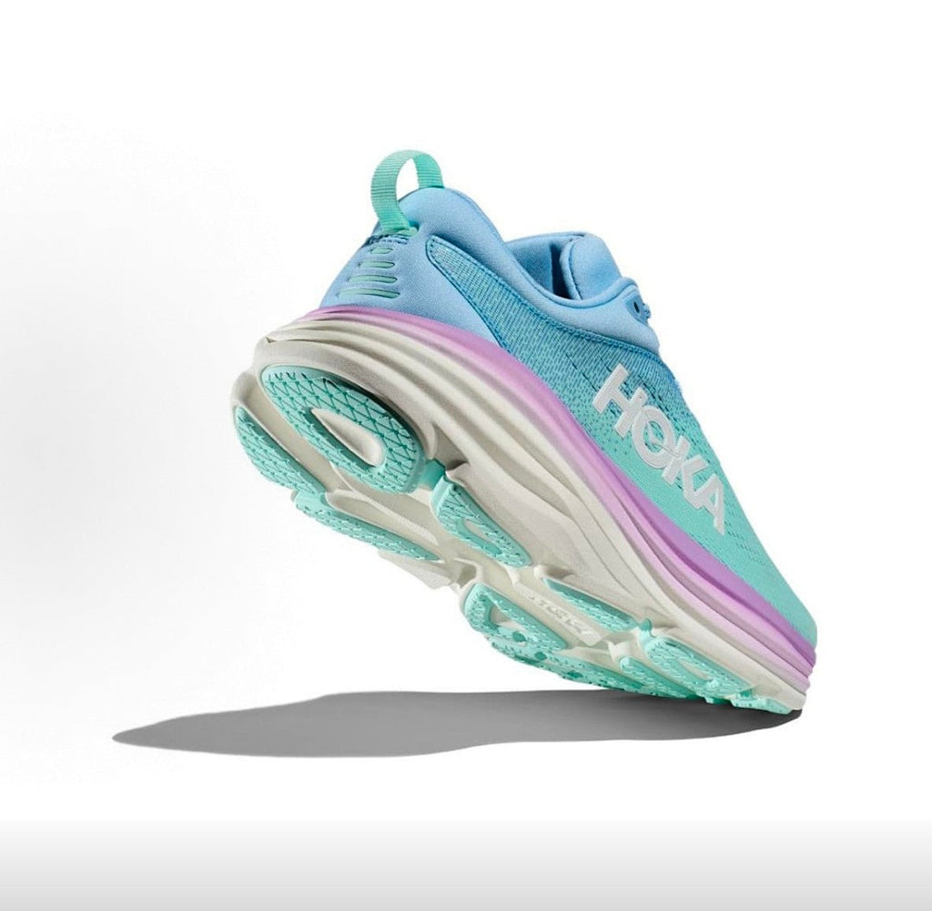 HOKA Bondi 8 Running Shoes in Blue, in Mint and Purple - product image from the listing.