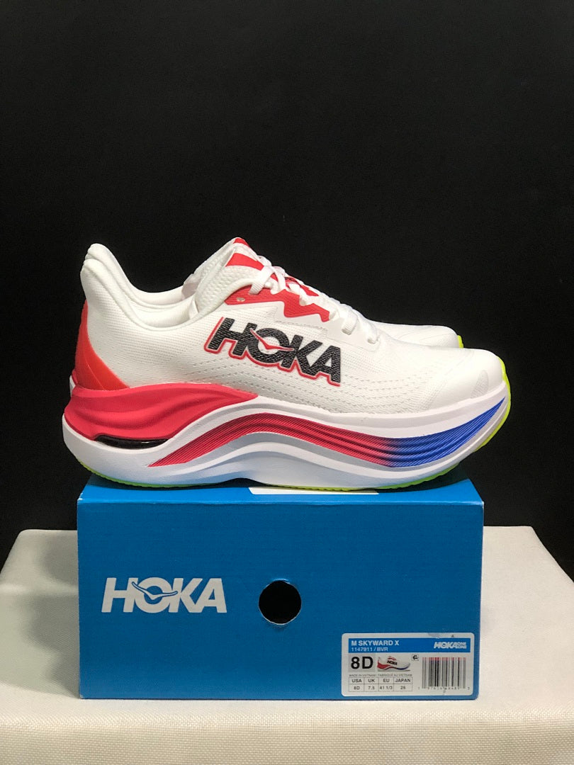 HOKA Skyward X Running Shoes, in White Red Blue - product image from the listing.