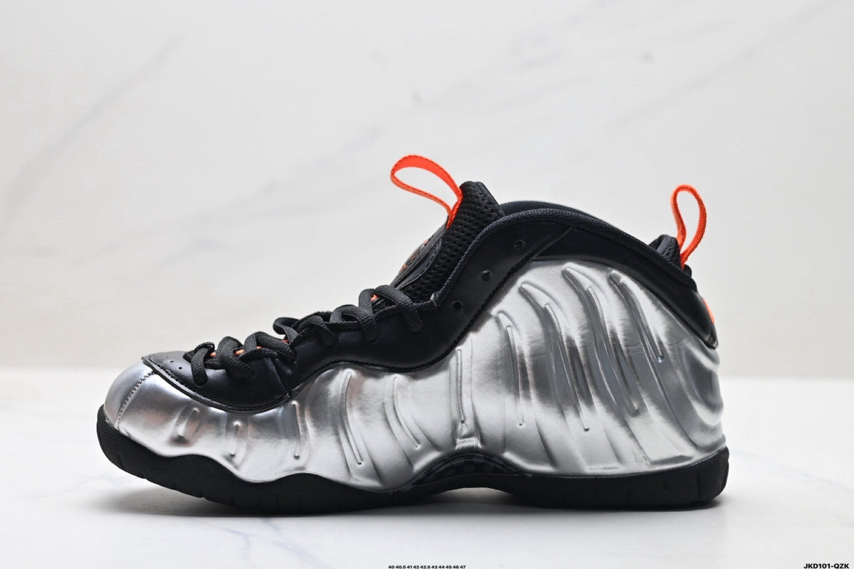 Nike Air Foamposite Max Sneakers in Black Silver Orange - product image from the listing.
