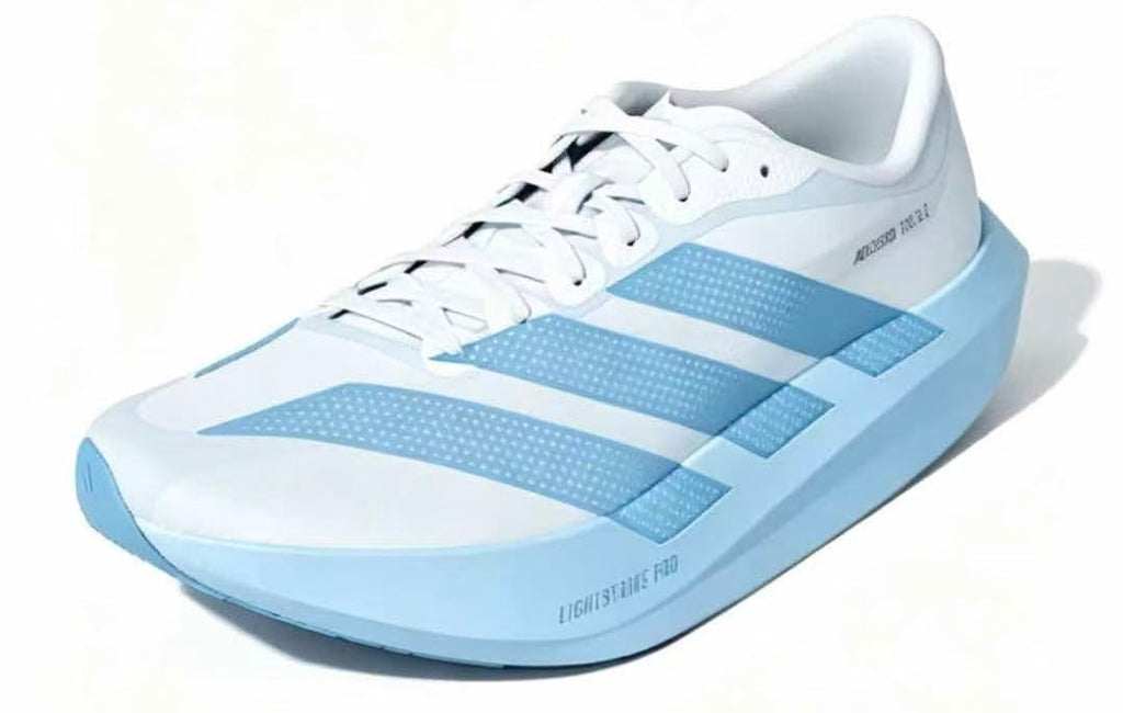 Adidas Adizero Evo SL Running Shoes in White and Light Blue - product image from the listing.